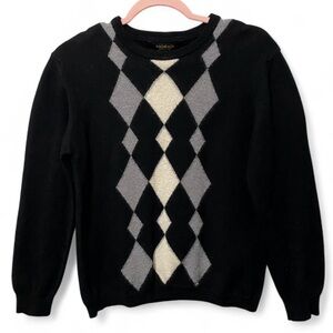 Vintage Dark Academia 100% Fine Merino Wool Black & Gray Fitted Argyle Sweater